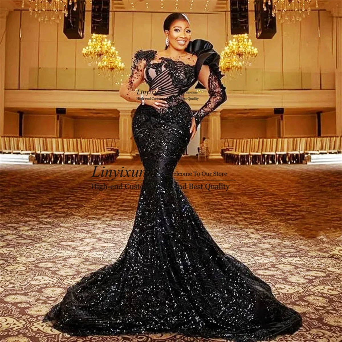 African Women Mermaid Prom Dresses With Sheer Neck Ruffles Beads Formal occasion Party Gowns Long Aso Ebi Lace Evening Gala Gown