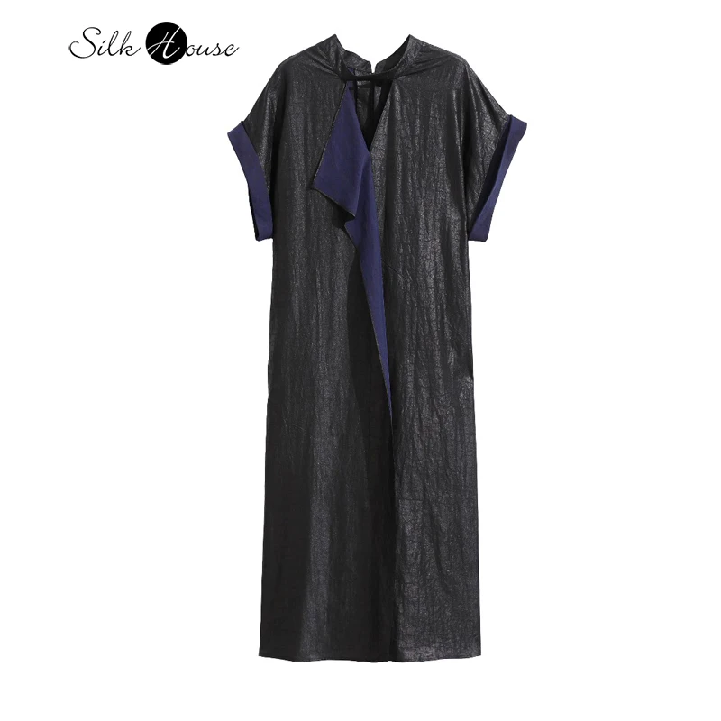 

Women's Fashion New High-end 100% Natural Mulberry Silk Gambiered Guangdong Gauze Black Short Sleeved Dress