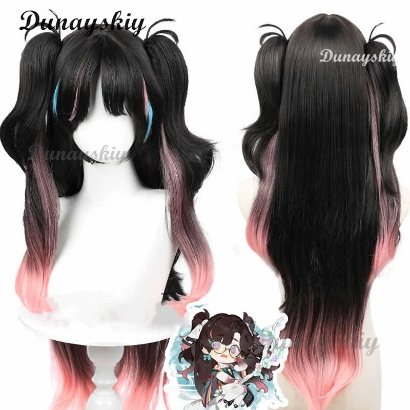 Game Wuthering Waves Zhezhi Cosplay Wig Black Pink Double Ponytail Zhezhi Wig Long Hair 80cm Women Girl Halloween Roleplay Wig