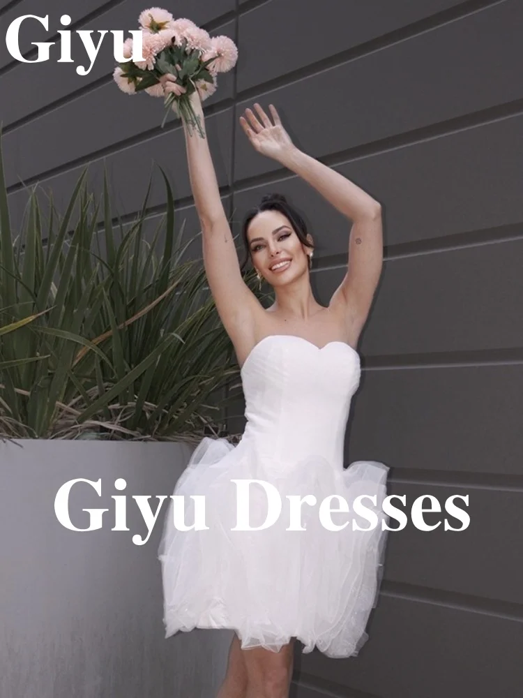 Giyu Sexy White Mini Satin Wedding Dresses Sweetheart Tulle Europe and the United States Ladies Short Bridal Gowns Customized