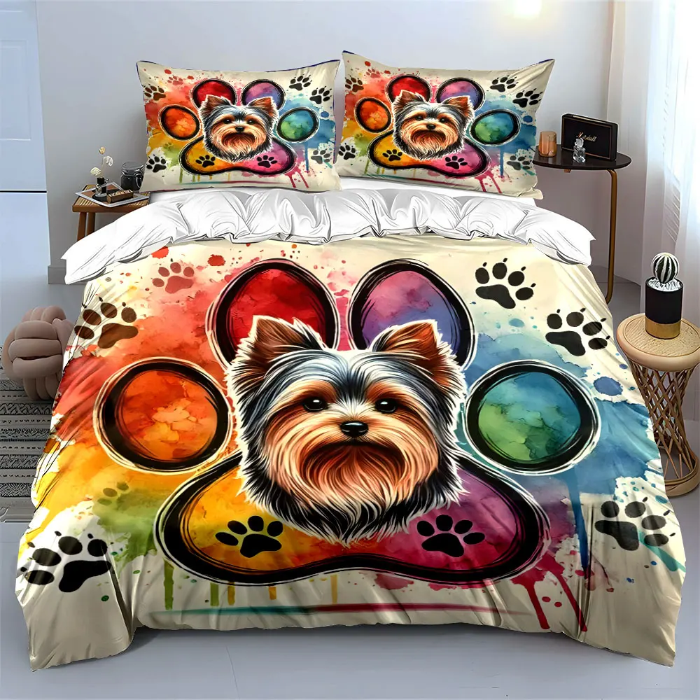 Colorful Dog Paw Print Decor Soft Skin-Friendly Bedding Set Includes 1 Duvet Cover And 2 Pillowcase, Gift