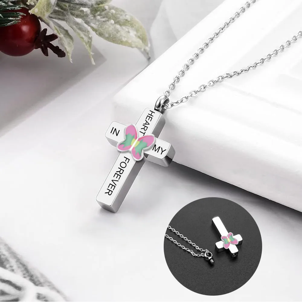 Cross Urns Necklaces Butterfly Crematon Memorial for Ashes Urns Pendant Jewelry Stainless Steel Pet Ash Necklaces Keepsakes Gift