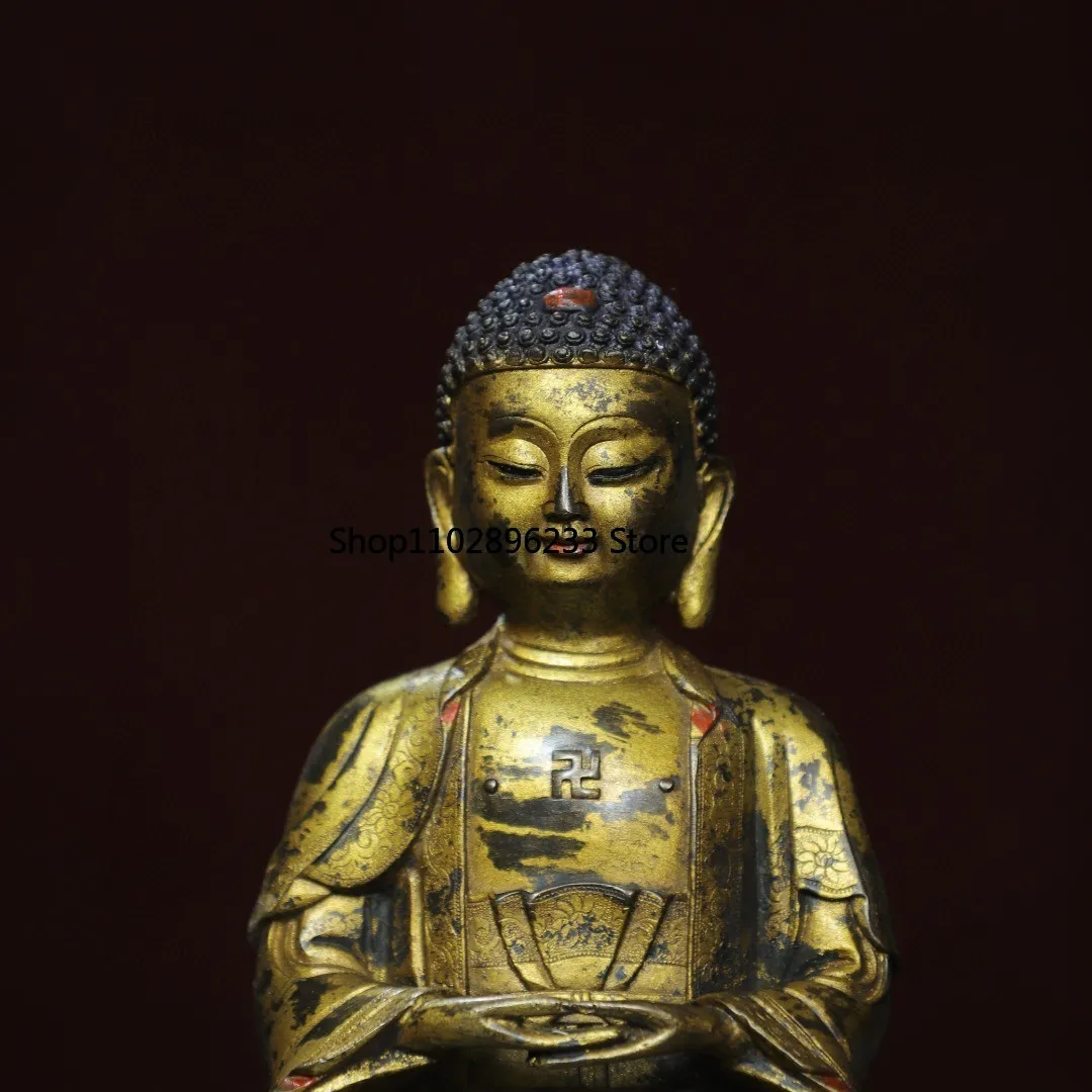 Tibetan brass gilt drawing face Sakyamuni Dahri Tathagata sitting statue home Buddhist hall ornament incense case offering suppl