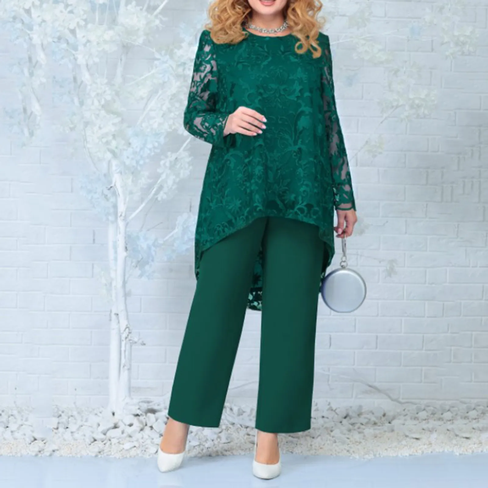 Women Elegance Fashion Outfit Round Neck Long Sleeve Lace Flower Embroidery Blouse Tops Straight Tube Loose Trousers 2 Piece Set