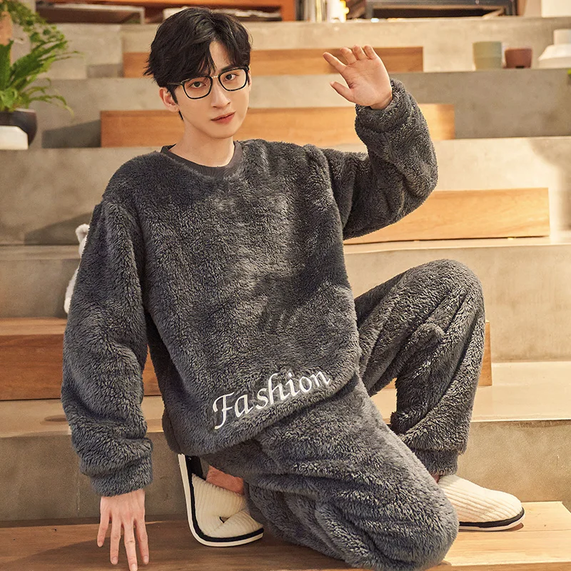 

Мужские пижамы из плотного кораллового флиса, осенне-зимние пижамы, мужские пижамы, одежда для сна, пуловер с длинными рукавами и круглым вырезом, комплект для сна