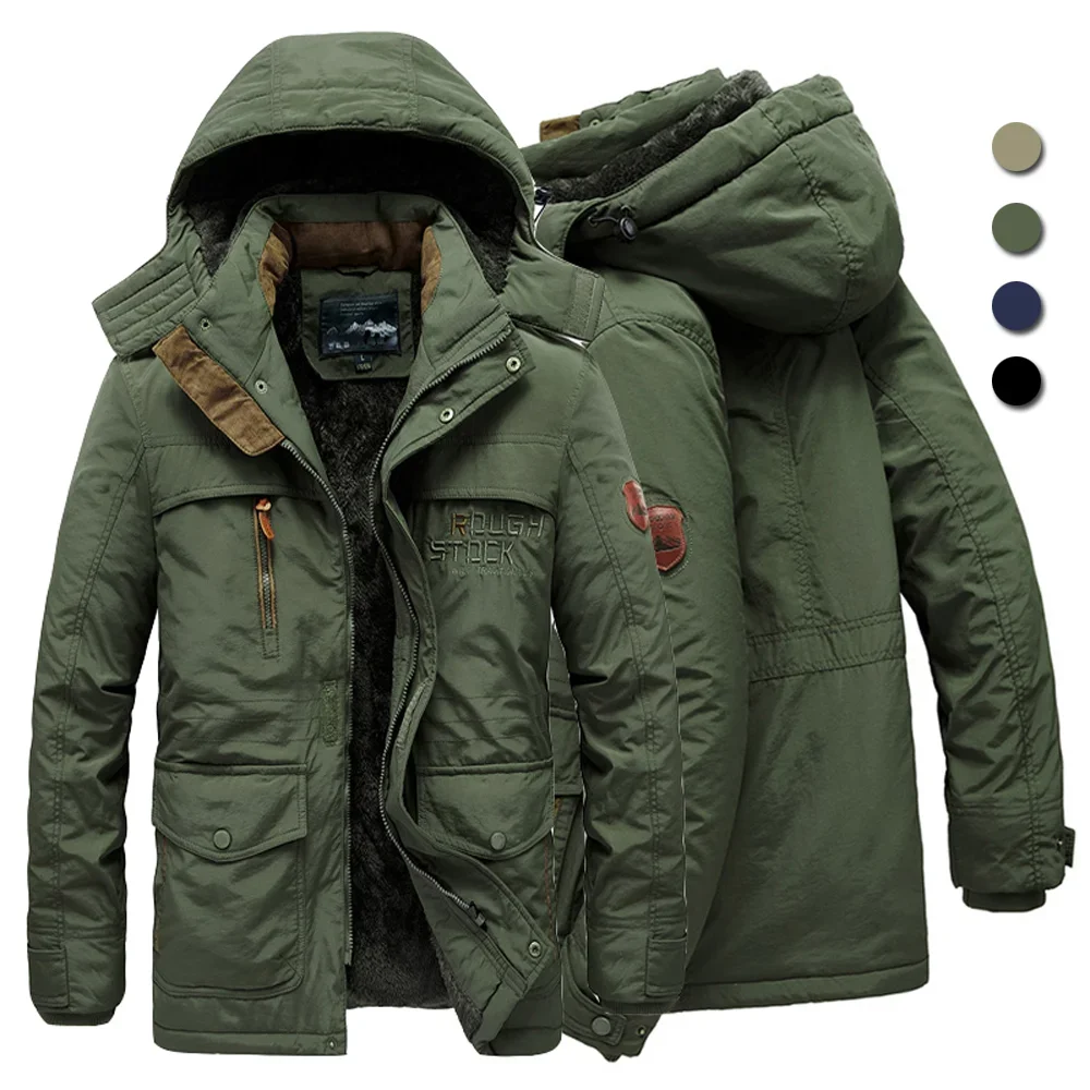 Men\'s Winter Jacket Fleece Linning Outdoor Parka Coat Hooded Windbreaker Military Thick Warm Outerwear Big Size 6XL Multi-pocket