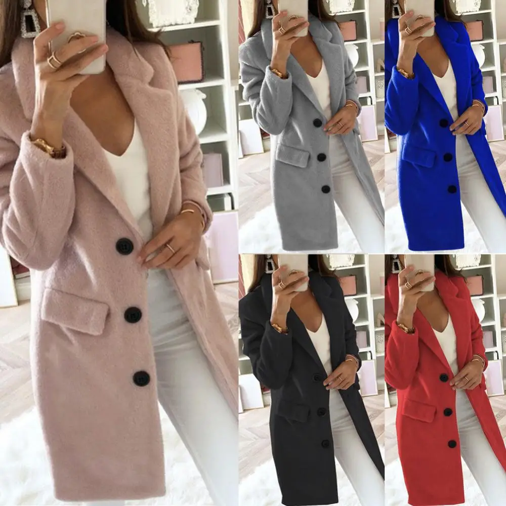 

Women Long Jacket Autumn Winter Long Sleeve Lady Blazer Solid Color Cardigan Lapel Trench Coat