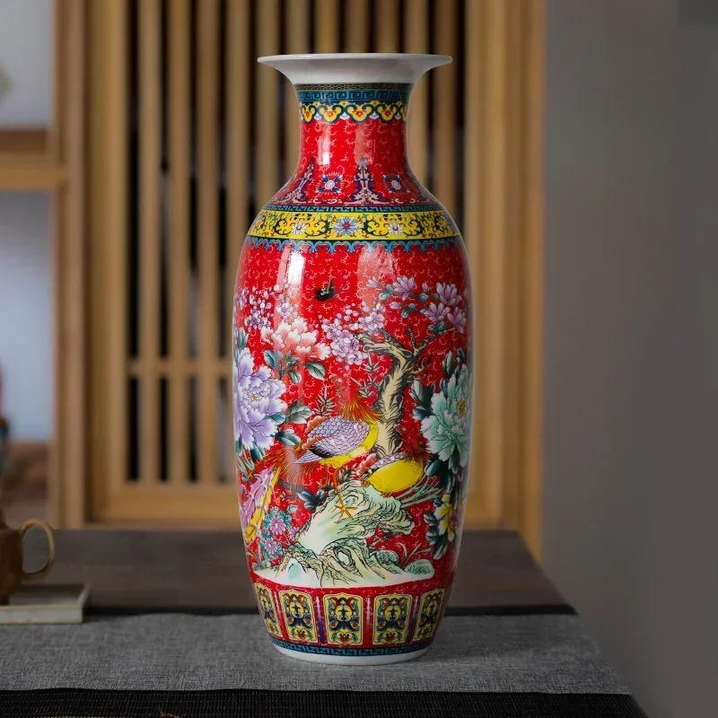 Chinese Style Ceramic Flower Vase, Floor Type Craft Ornaments, Enamel Painted, TV Cabinet Decor, High Temperature Firing, New