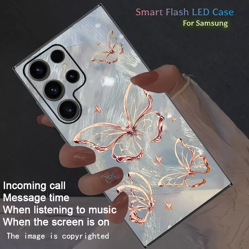 

Feather Silver Line Butterfly Smart Voice Active Luminous Phone Case LED For Samsung S24 S22 S23 S25 S26 Ultra Z fold 7 6 5 4