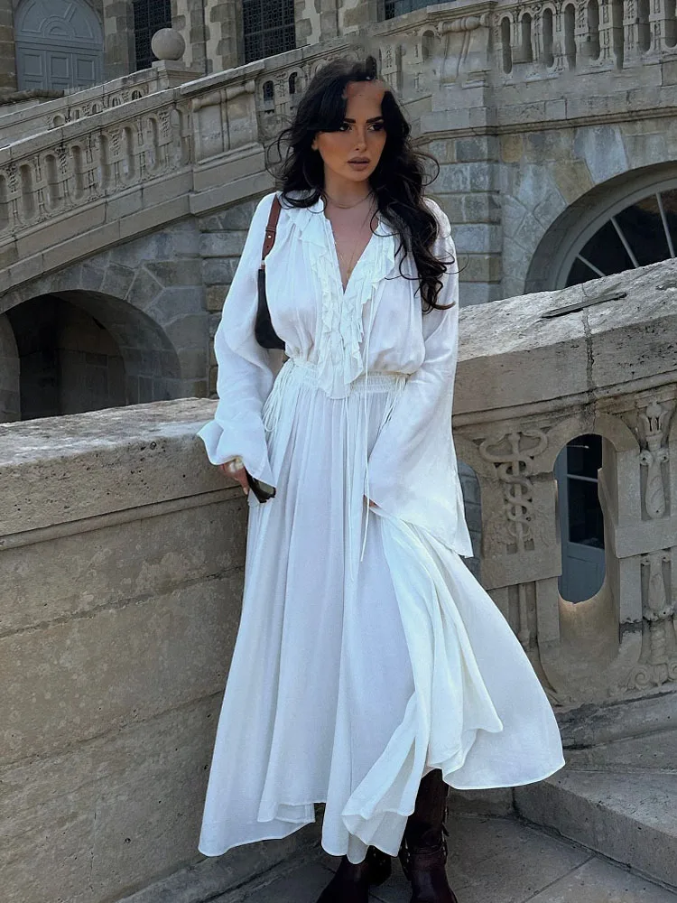 HH Zomer Mode Vrouwen Jurken Witte V-hals Lange Mouwen Volants Rand Lace-Up Decoratie Vrouwelijke Strand Stijl Lange Jurk