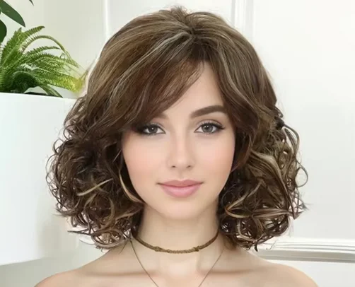 Shoulder Length Mix Brown Natural Synthetic Hair Wigs Curly Wavy Wig with Side Bangs for Women Heat Resistant Daily Party Use