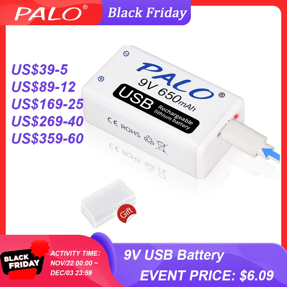 PALO 9V Rechargeable Battery 650mAh 6F22 Micro USB 9v Li-ion Lithium Batteries for Multimeter Microphone Toy Remote Control KTV