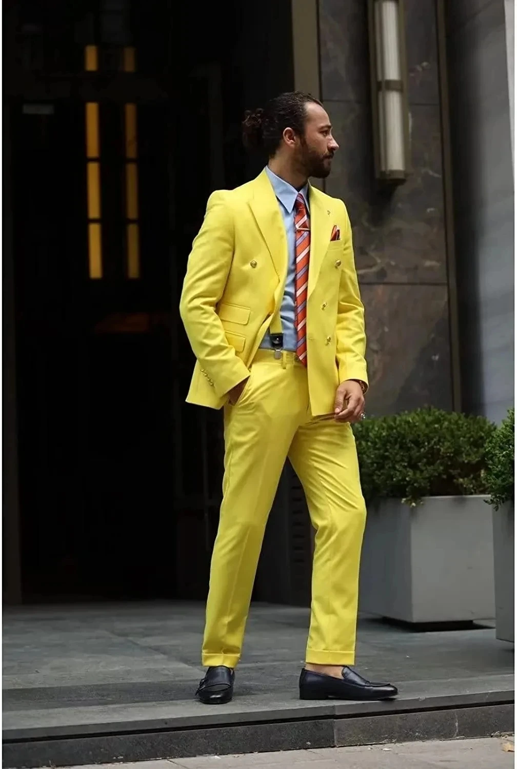 

Double Breasted Yellow Man Suit terno masculino Peak Lapel Slim Fit Casual Groom Tuxedos Wedding Costume Jacket Pants