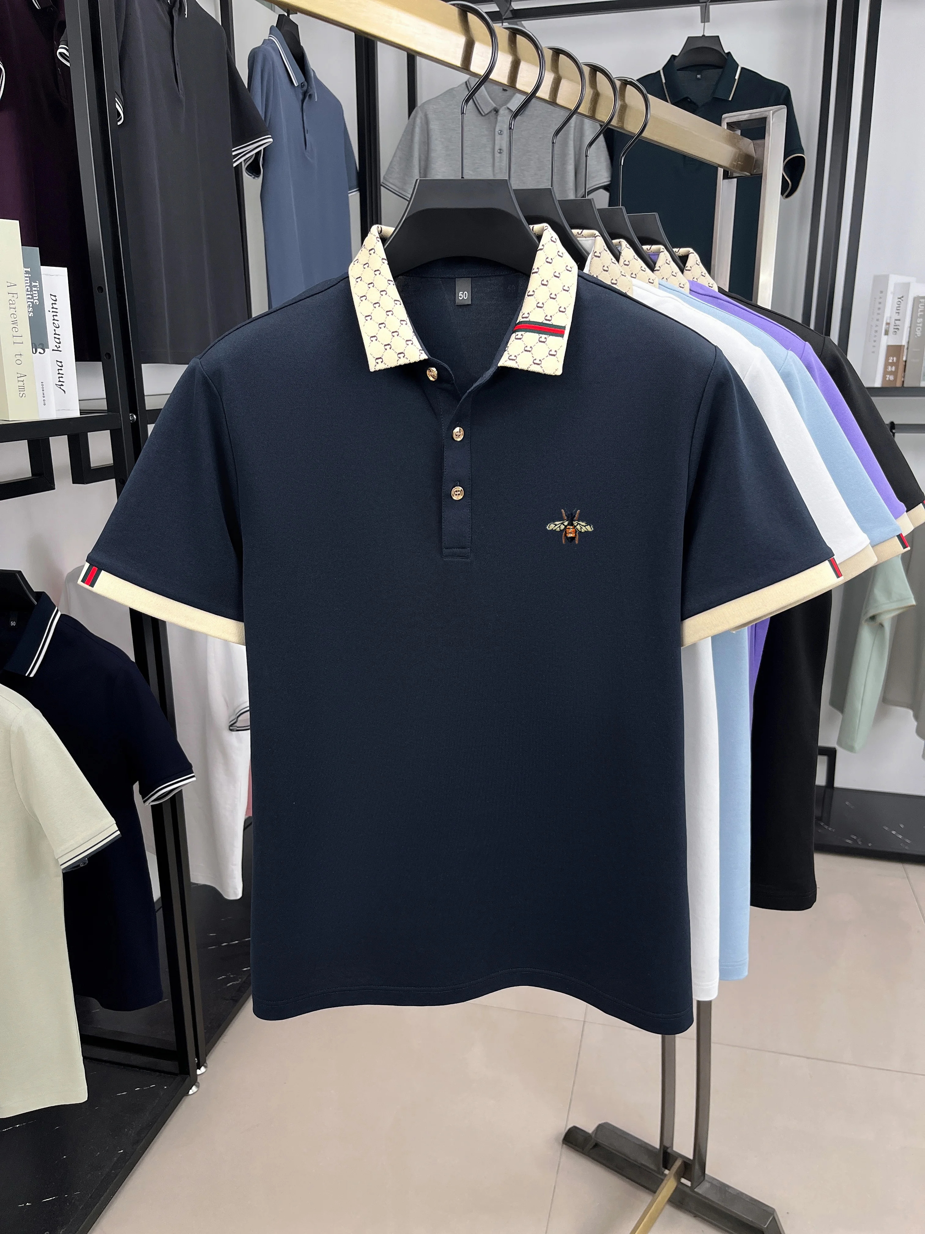 High quality honey bee embroidered short sleeve men polo shirt summer new T-shirt brand letter jacquard lapel casual trendy top image 5
