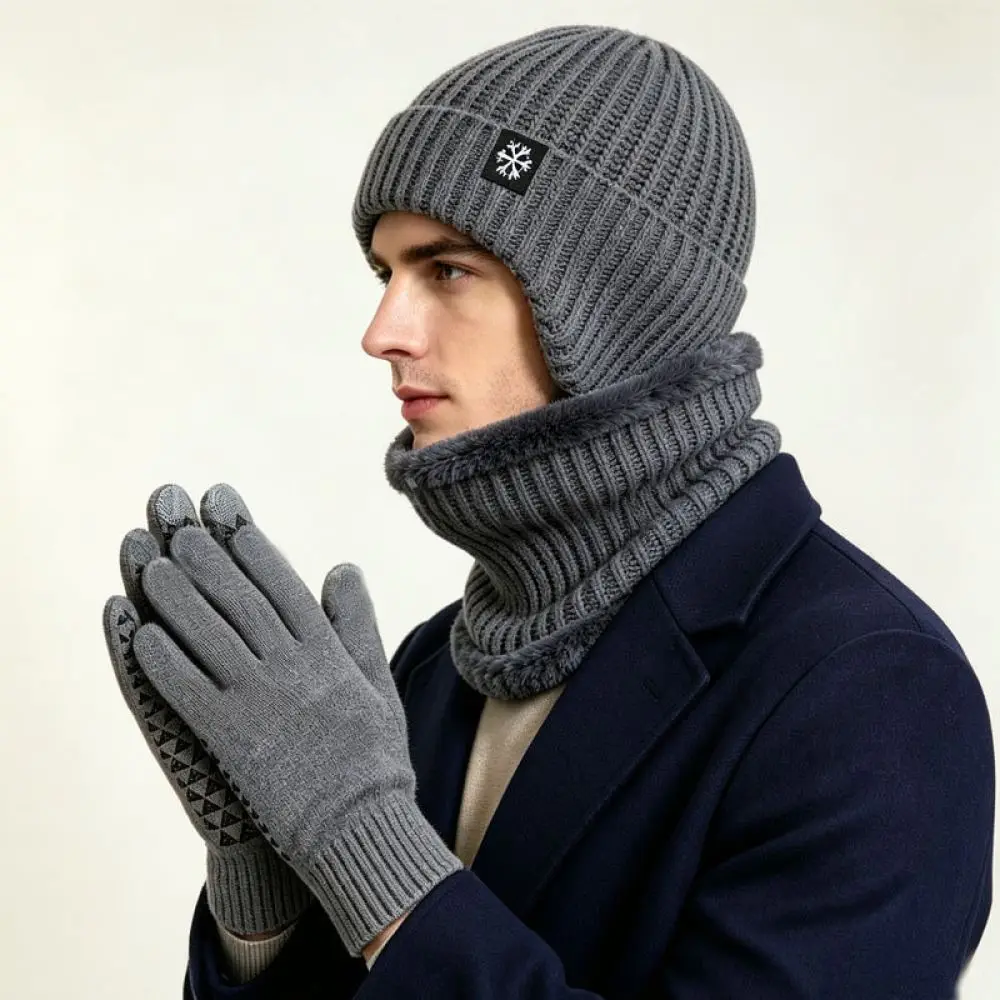 Mens Winter Thermal Beanie Hat Scarf Glove Set Thickened Knitted Ear Protection Caps Windproof Cold Weather Outdoor Utility Kit