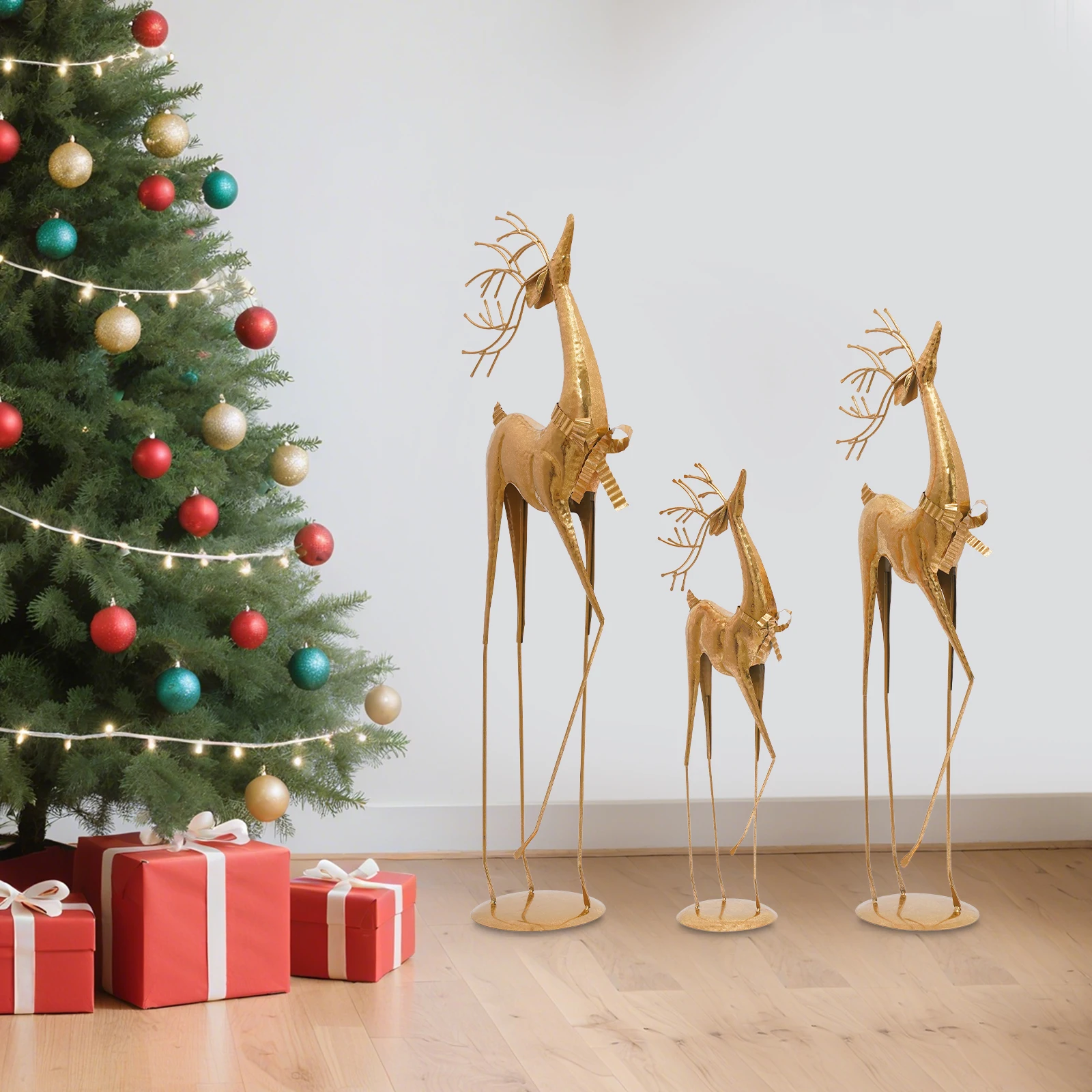 Gold Deer Statue Set 3-Pacs Iron Artisan Craft, Vintage Style for Home/Office Christmas Decor, Symbolic Auspicious Blessings