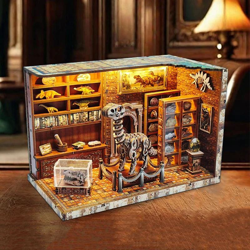 Kit modello in miniatura in legno fai-da-te Istituto di ricerca dei dinosauri Case delle bambole Puzzle 3D Casa delle bambole con mobili per regali di amici