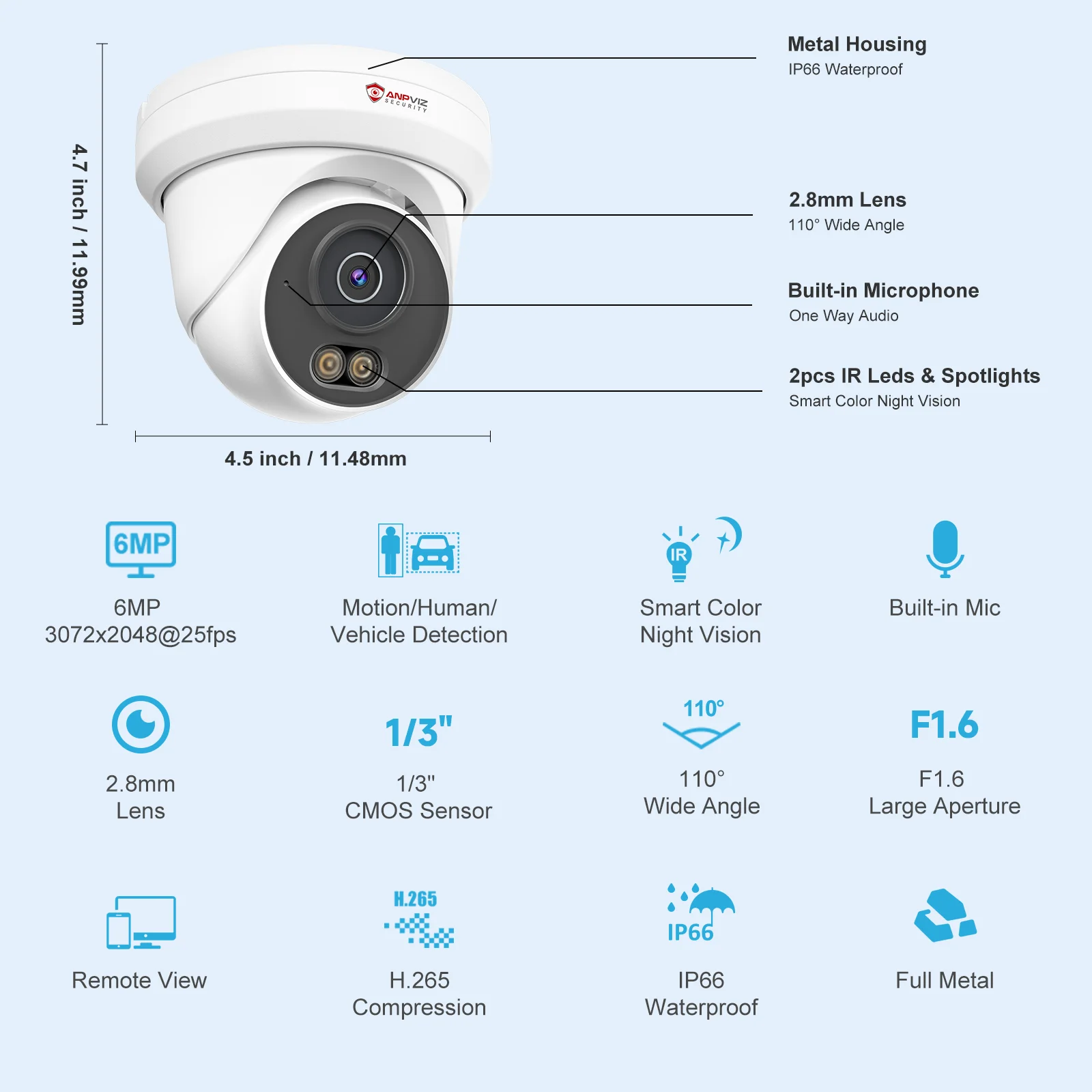 Anpviz 6MP PoE IP Camera Metal Turret IP Camera Outdoor Indoor Smart Dual Ligh AI Human Vehicle DetectionIP66 Waterproof NDAA