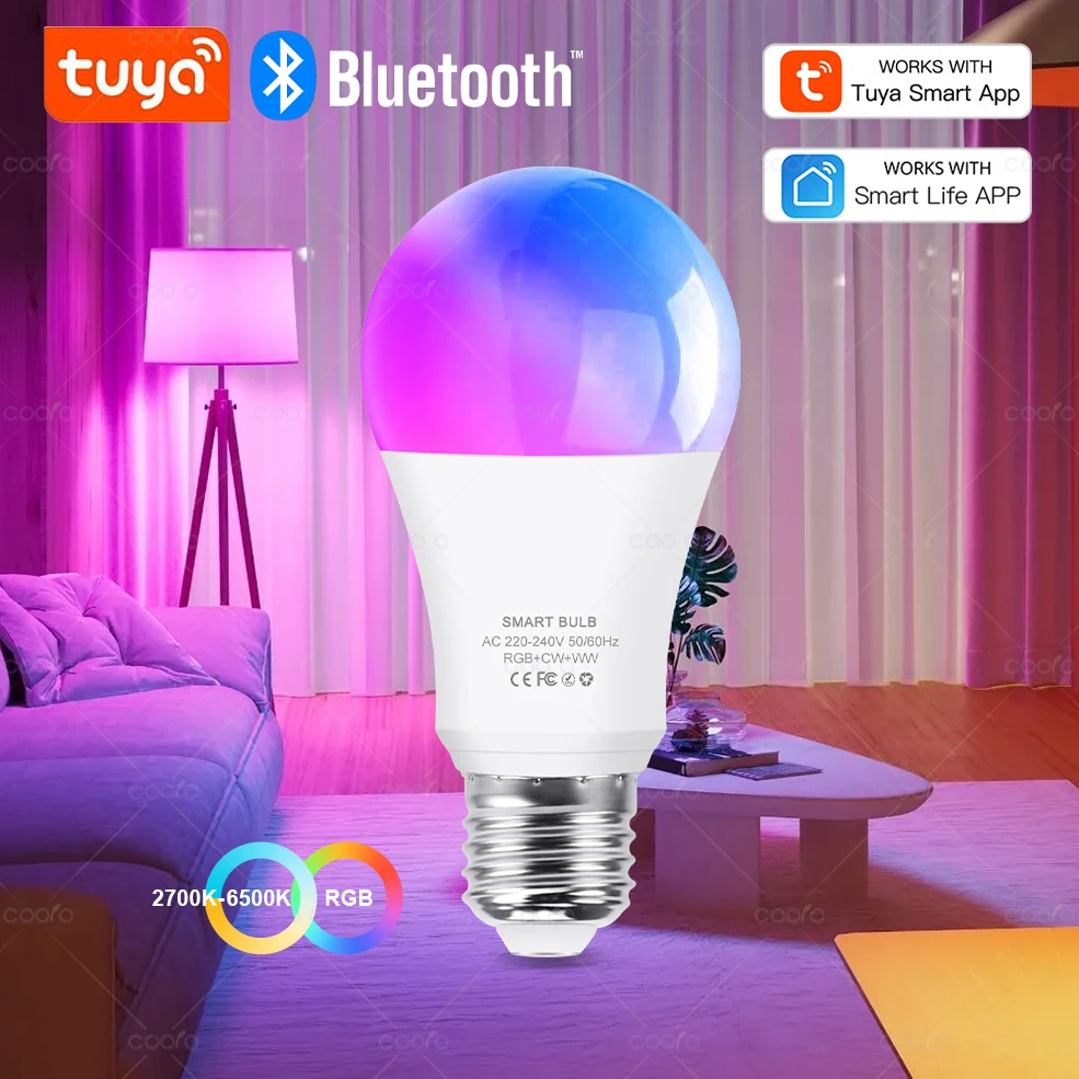 COOLO Tuya Bluetooth Smart Bulb E27 Dimmable RGBCW Smart Light Bulbs AC 220V-240V Smart Lamps Work with Tuya Smart Life