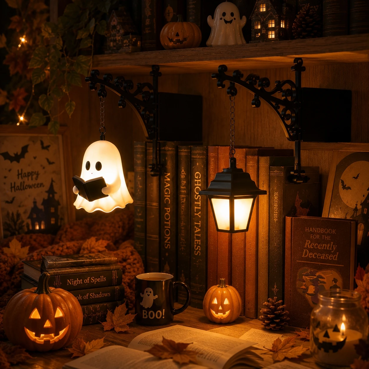 Retro Metal Bookend Hanging LED Lamp, Replaceable Warm Light Fixture for Bookshelf Indoor Decor & Halloween Holiday Ornament