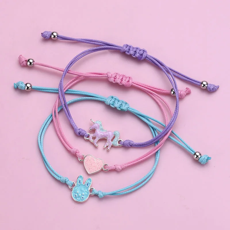 Luoluo&baby 3Pcs/set Bracelets Braided Cord Bracelet Unicorn Heart Star Charms for Jewelry Making Bracelet Kid\'s Gifts