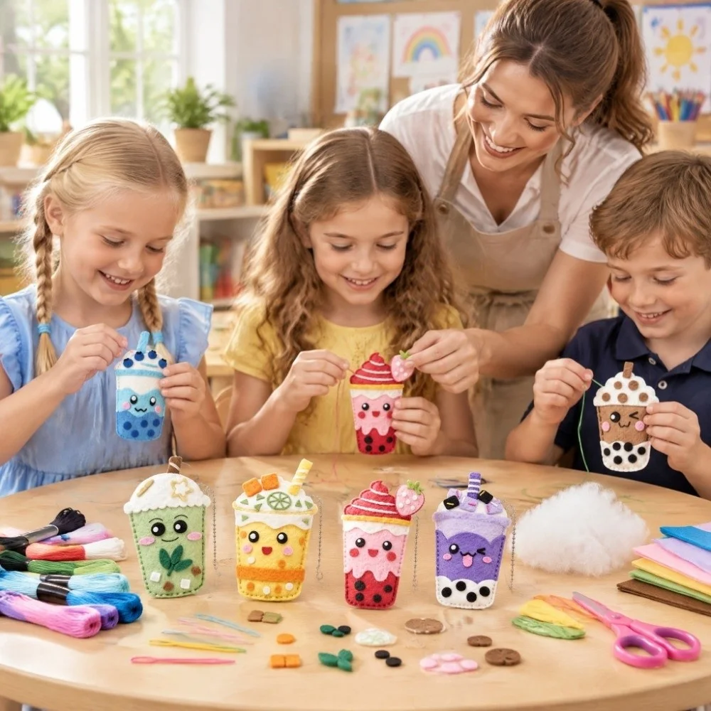 Milk Tea Fabric with Holes DIY Sewing Kit Safety Stitch Beginners Kids Sewing Kit Toy Handmade Craft Set Doll Making