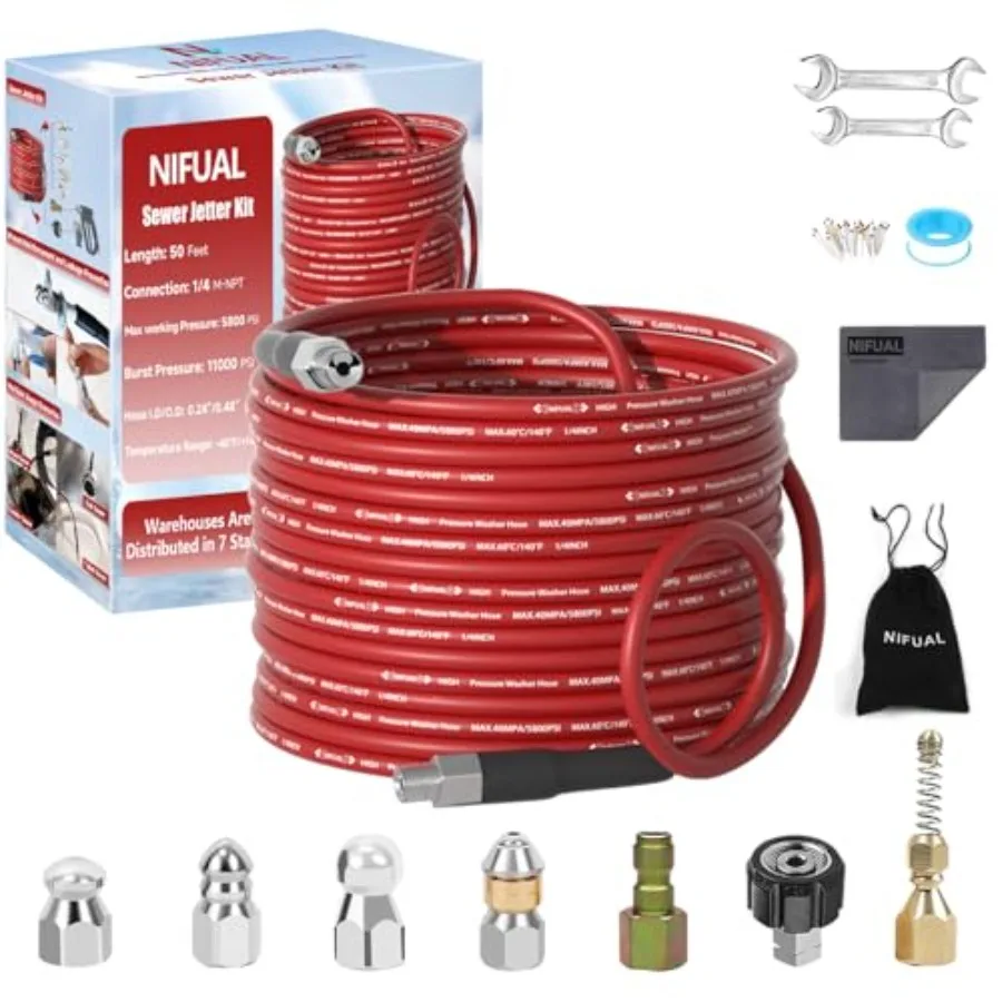 NIFUAL Sewer Jetter Kit for Pressure Washer 5800PSI Pressure Drain Cleaner 1/4 Inch NPT Corner Rotating and Button Hose Sewer J