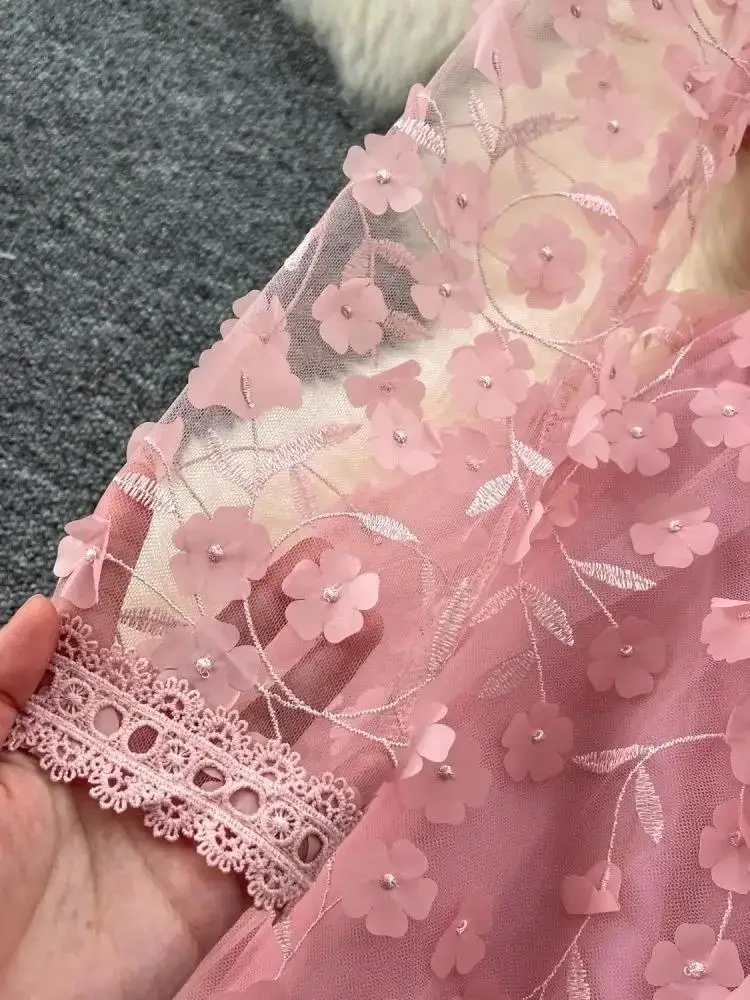 2025 Spring Summer Gorgeous Pink Flower Embroidery Dress Women V Neck Sheer Mesh Pink Wedding Birthday Party Prom Vestidos