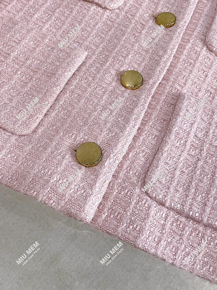 Miumem Premium dames winterfaion omgedraaide kraag roze tweed open vest jas ort bovenkleding losse pasvorm knopontwerp