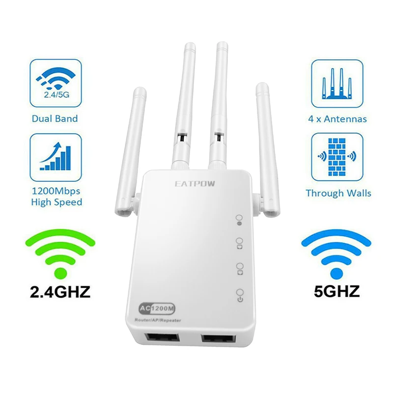 EATPOW 1200Mbps banda Dual 2,4G y 5GHz extensor WiFi repetidor WiFi potente enrutador inalámbrico/AP AC1200 Wlan amplificador de rango Wi Fi