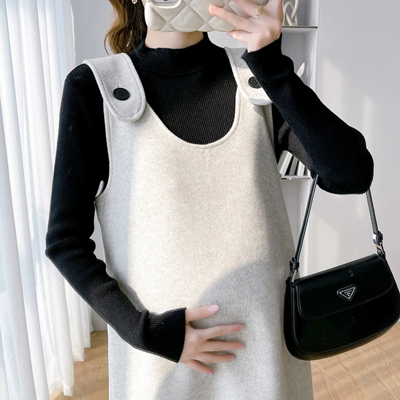 Pregnant Women Autumn Winter Clothes Set Fashionable High Neck Sweater Top + Woolen Slip Dress New Elegance Maternity Dress Suit