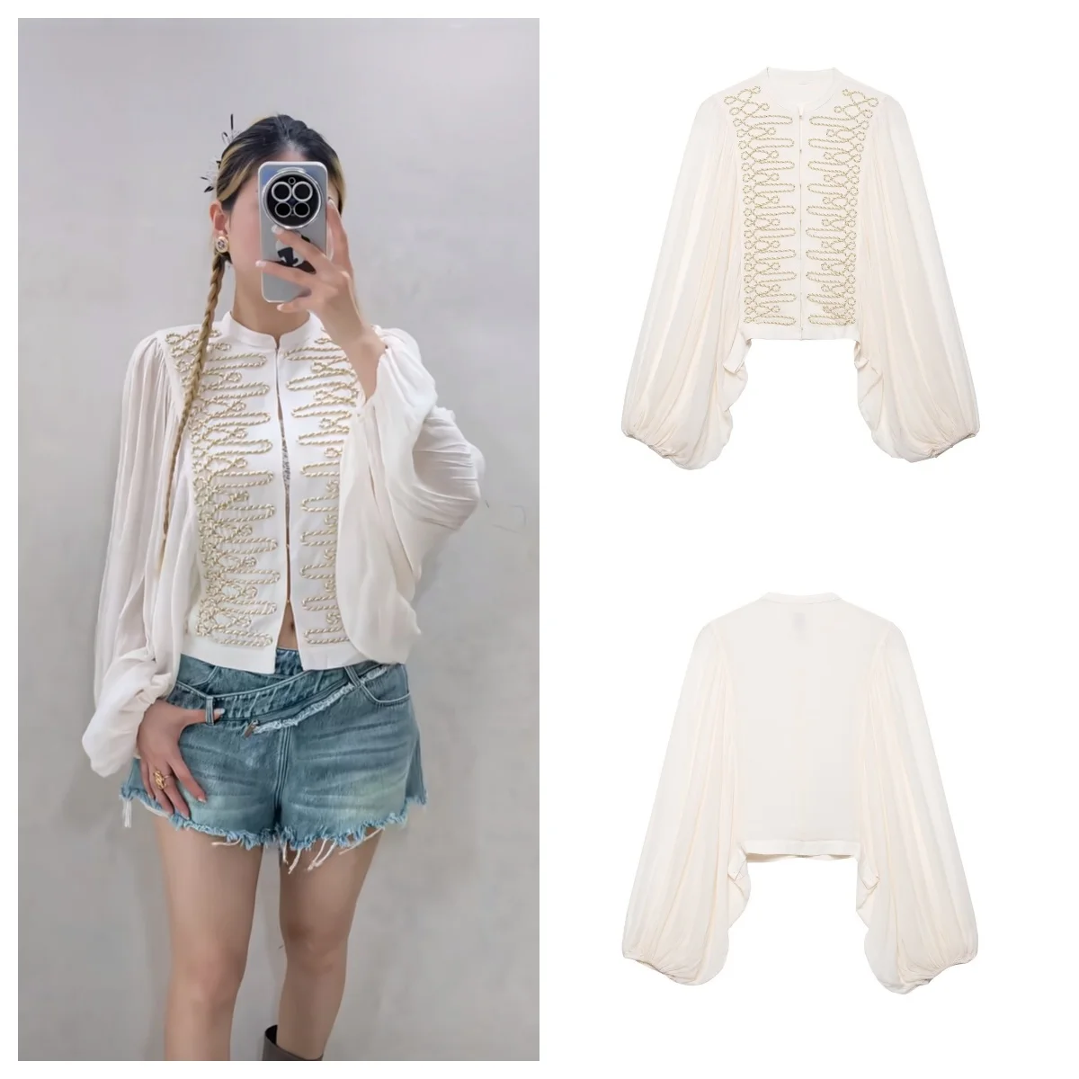 Guobioziy Crew Neck Rope Embroidered Women's Shirt Short Puff Long Sleeve Jacket 2026 Autumn French Fashion Everyday Shirt