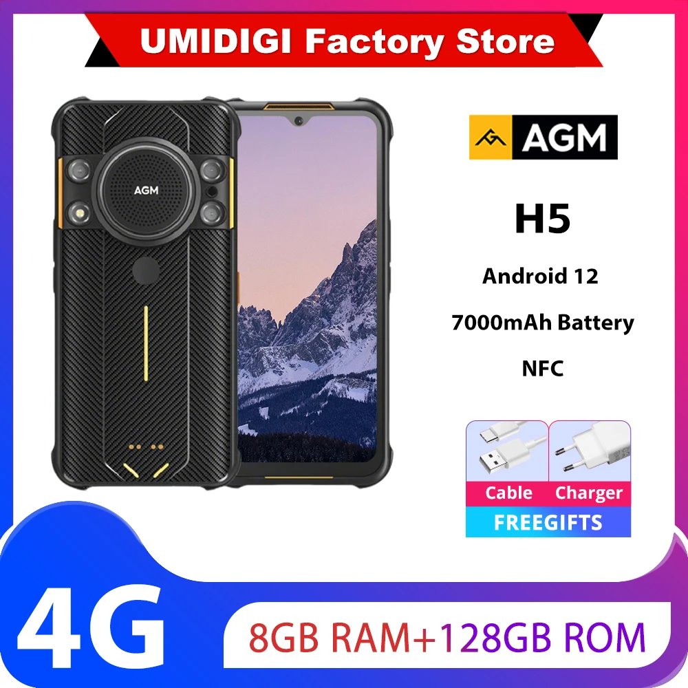 AGM H5 4G Rugged Smartphone 6.5inch 8GB 128GB 7000mAh IP68/IP69K Android12 Night Vision Phone 3.5W Loud Speaker NFC Mobile Phone