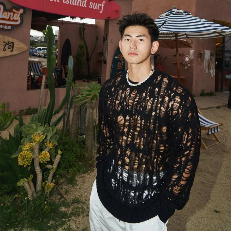 Early Autumn Niche Hollowed Out Loose Knit Sweater Japanese Style Men's  Women's Hole Breaking Lazy Pullover Sweater Trendy Tops