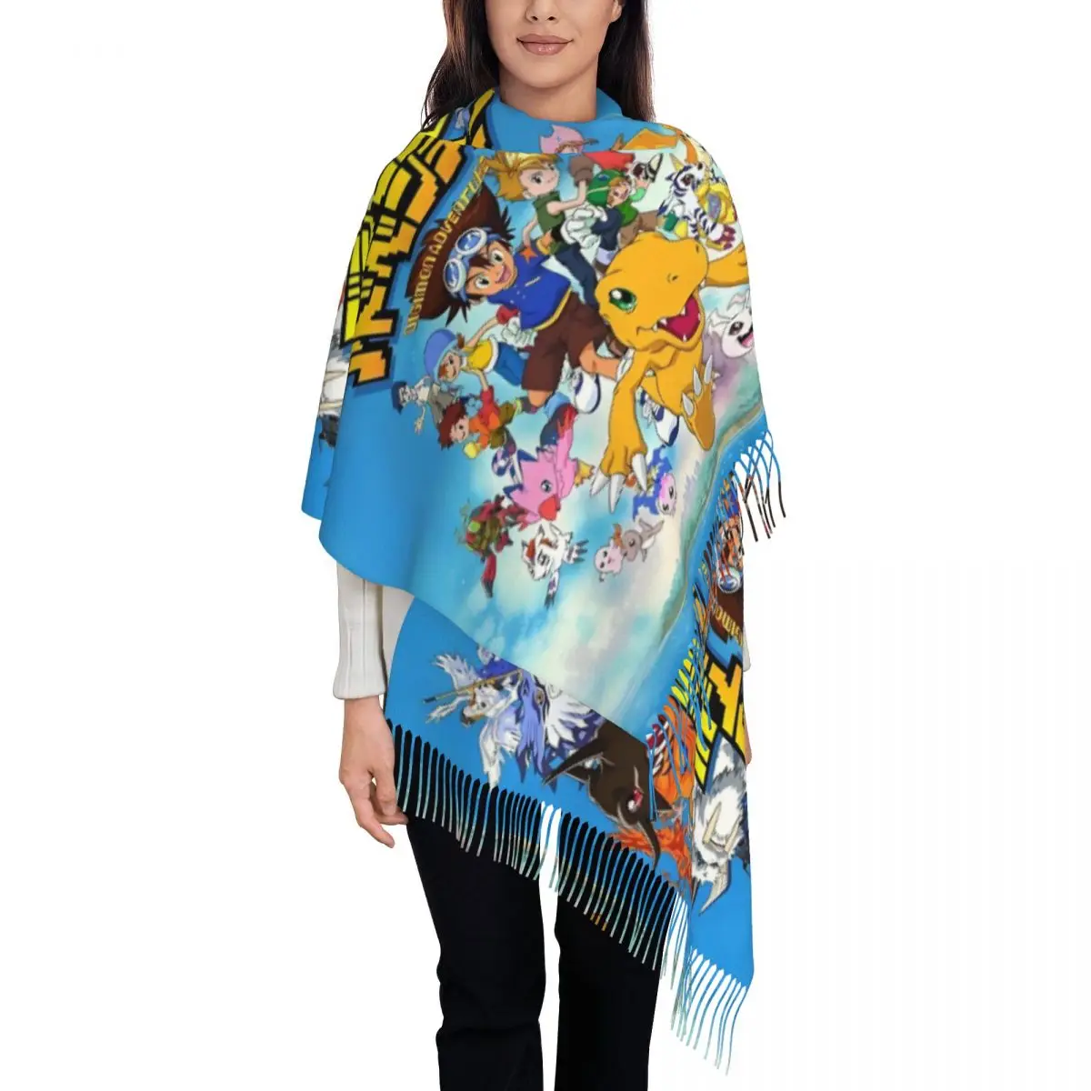 

Женский шарф Digimons Japane для видеоигр, длинная зимняя теплая шаль с кисточками, унисекс, шарфы в стиле аниме, манга