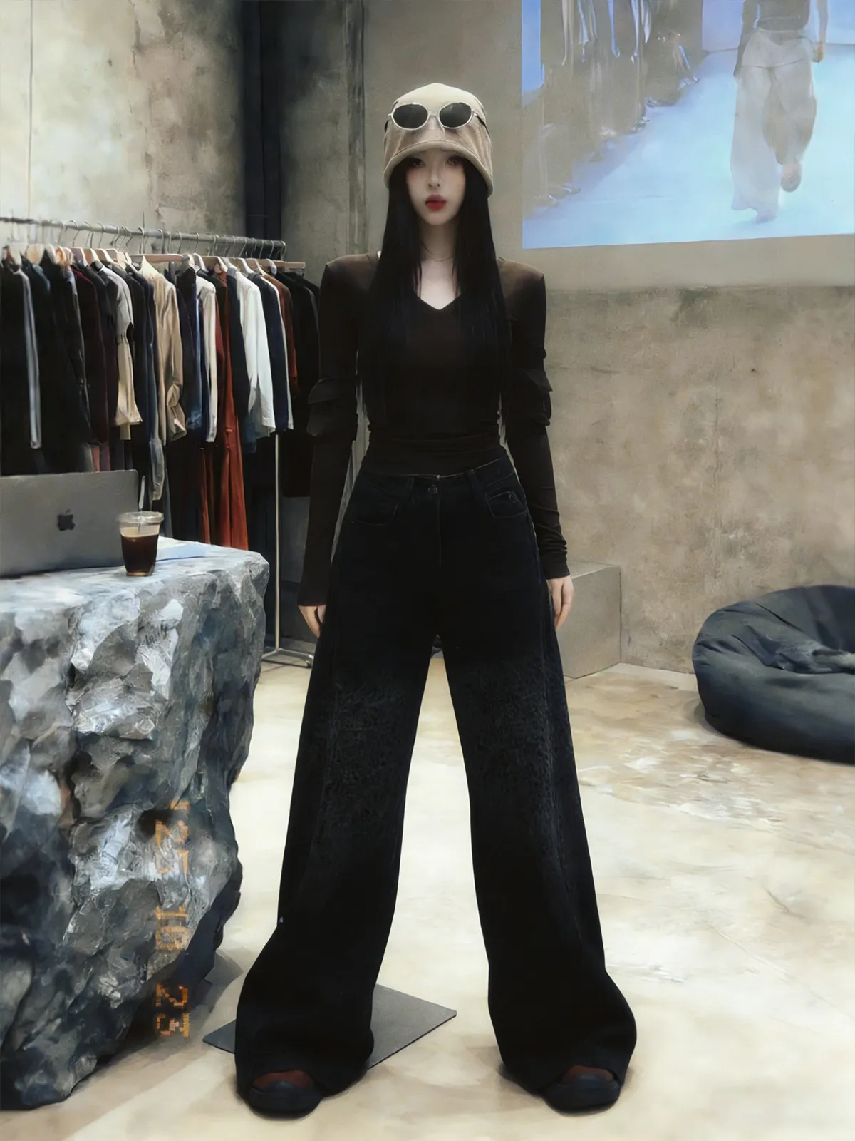 

Trendy Fce Lined Wide Leg Denim Jeans Women's Loose Slimming Leopard Print High Waist Straight Leg Long Trousers