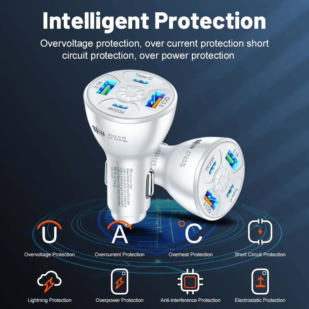 32 واط USB شاحن سيارة شحن سريع 4 منافذ PD نوع C سيارة مهايئ شاحن الهاتف آيفون Xiaomi سامسونج شاحن سريع في السيارة