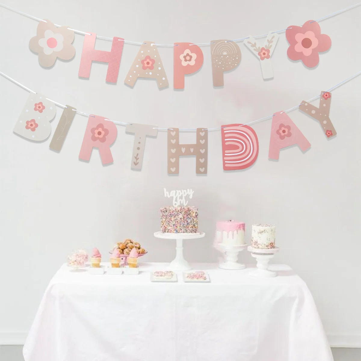 INS Baby Girl Non Woven Pink Happy Birthday Party Garland Rainbow Theme Backdrops Decoration Sun Cloud Banner