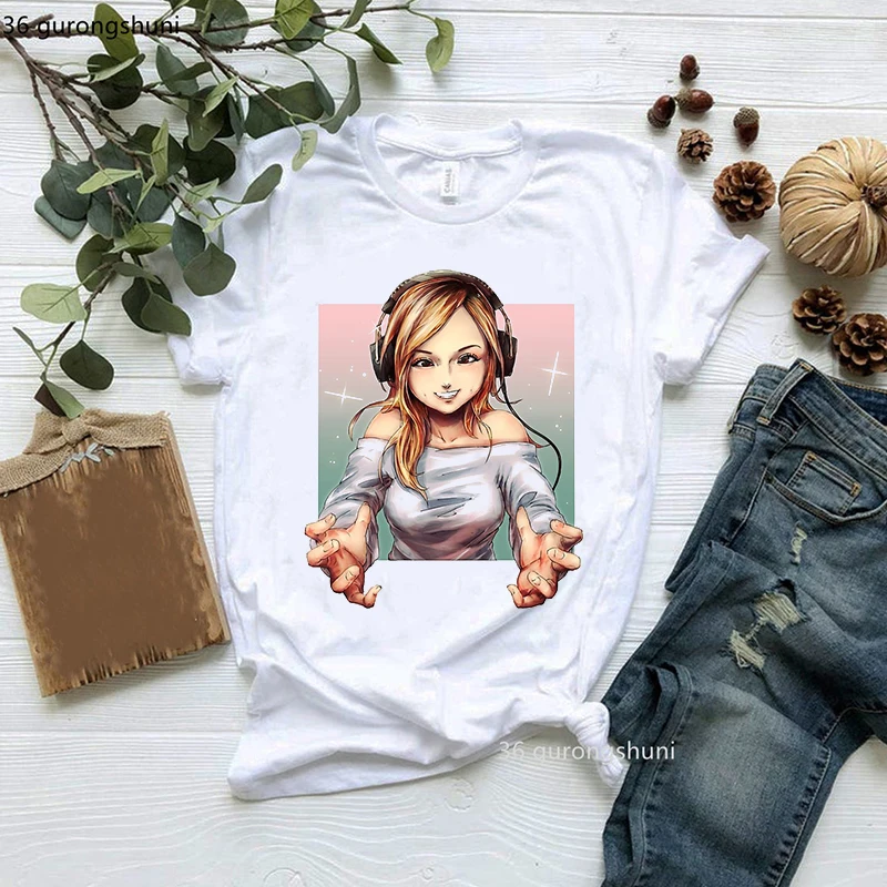 Tee Shirt Femme Pokimane Graphic Print Women'S Tshirt Summer Trendy Camiseta Mujer T Shirt Harajuku Shirt White Short Sleeve Top