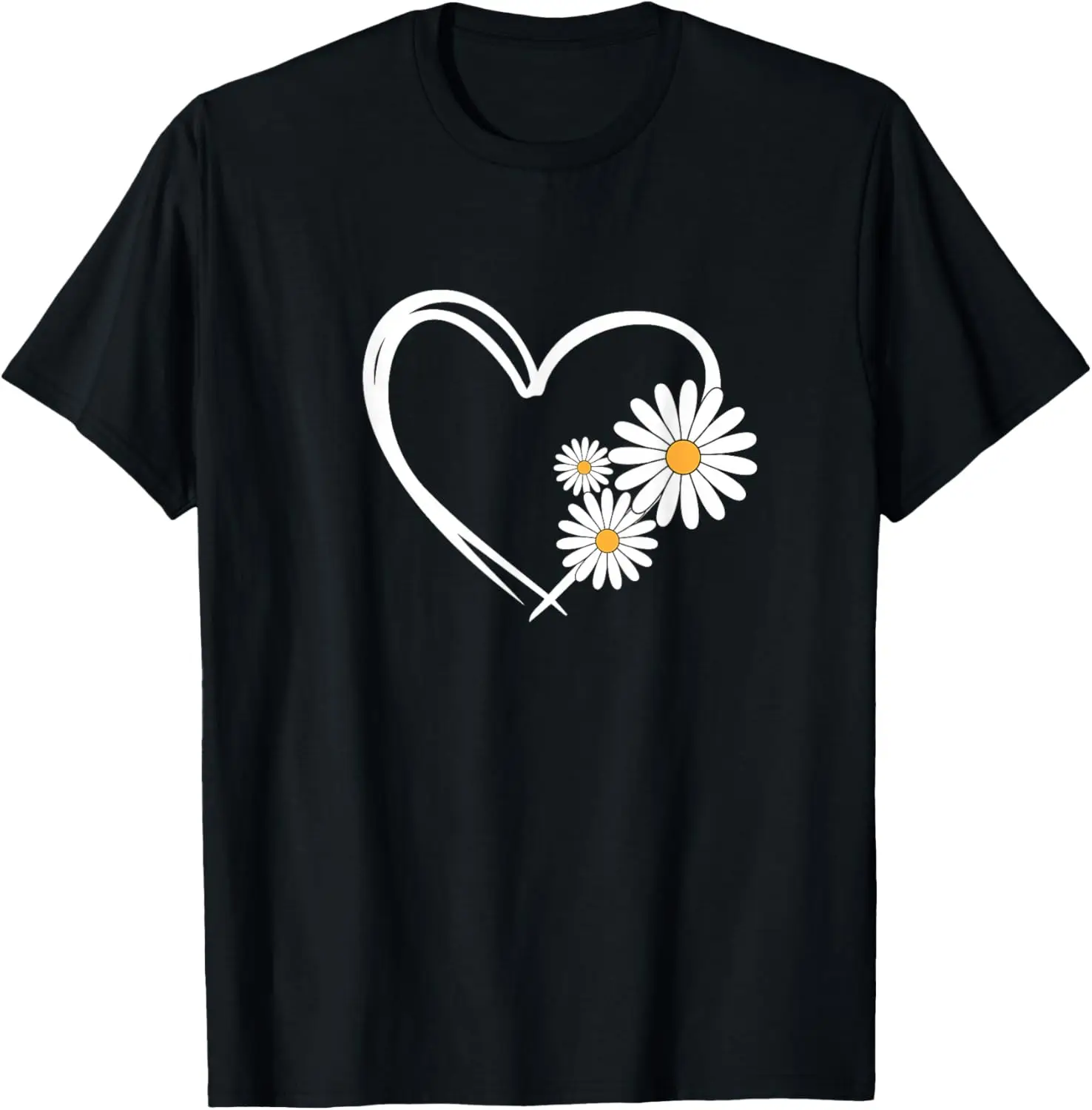 Heart Outline With Daisy Flowers Graphic T-Shirt Soft Cotton Round Neck Casual Tee for Women