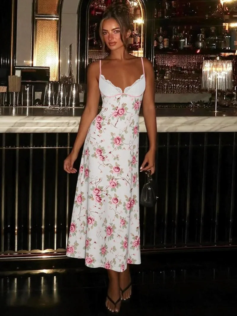 FDYOUI Donna Patchwork in pizzo Stampa floreale Abito con cinturino per spaghetti Sexy scollo a V Backless Abiti da festa di compleanno a metà polpaccio Streetwear