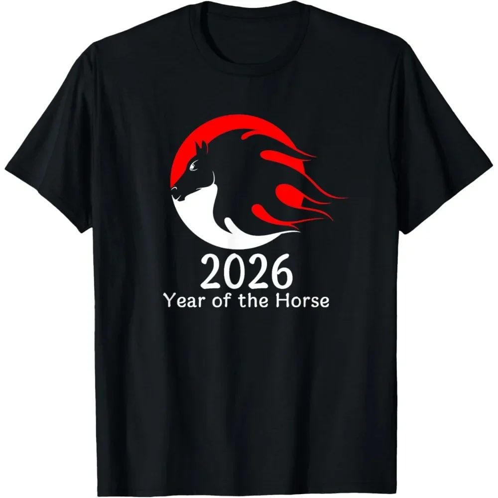 Jahr des Pferdes 2026 Feuerpferd Chinesisches Sternzeichen Neujahr T-Shirt Kurzarm O-Ausschnitt Streetwear Männer Frauen Lässige Baumwoll-T-Shirts