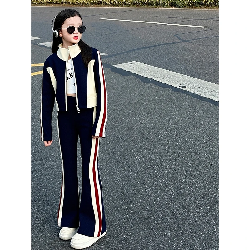 

Осенний комплект спортивной одежды для девочек-подростков, куртка на молнии + брюки-клеш, 2 шт., школьная одежда для младших детей, костюм, детская спортивная одежда, наряды 14