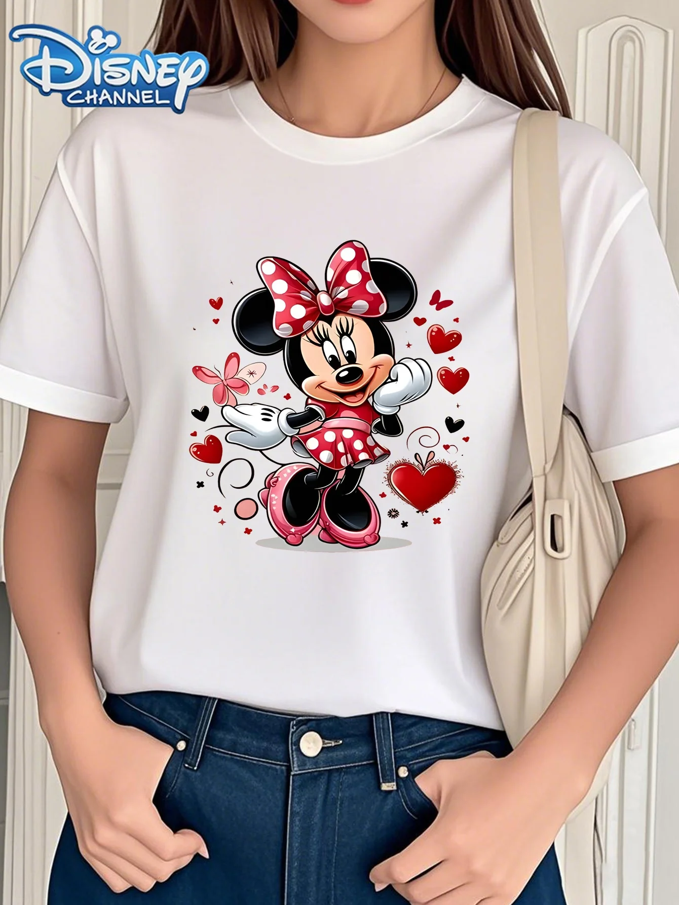 

Disney's 2025 New Casual Women's Short Sleeved Round Neck with Mickey Mouse and Heart-shaped Design for Summer Casual T-shirt