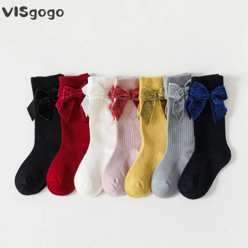 

VISgogo Baby Girls Princess Socks Elastic Sequin Bow Knee High Socks Breathable Stockings for Toddler Clothing Accessories