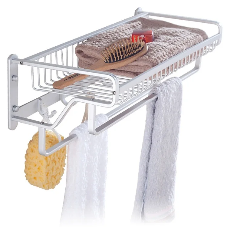 Space aluminum bathroom rack, wall-mounted bathroom towel rack, towel rack, no punching, net basket double rod 2-layer pendant.