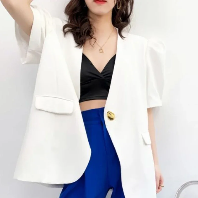 Korean Fashion V-neck Short Sleeve Blazer Women Spring and Summer Jacket Y2k Crop Top Business Casual Coats Blazers Femme