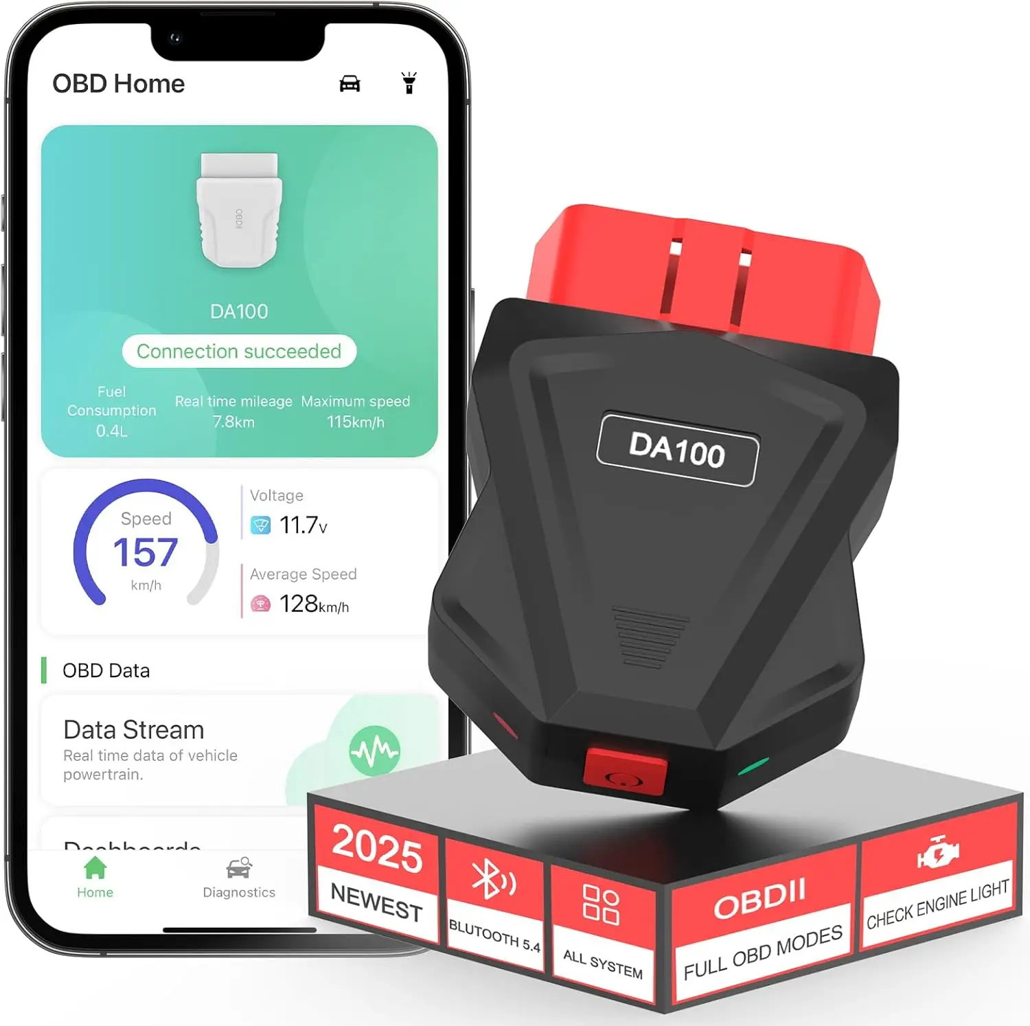 

Сканер OBD2 Беспроводной считыватель кодов 5.4 Стирание диагностических инструментов кода неисправности DA100 Автомобильные аксессуары Тест аккумулятора для ПК iOS Android