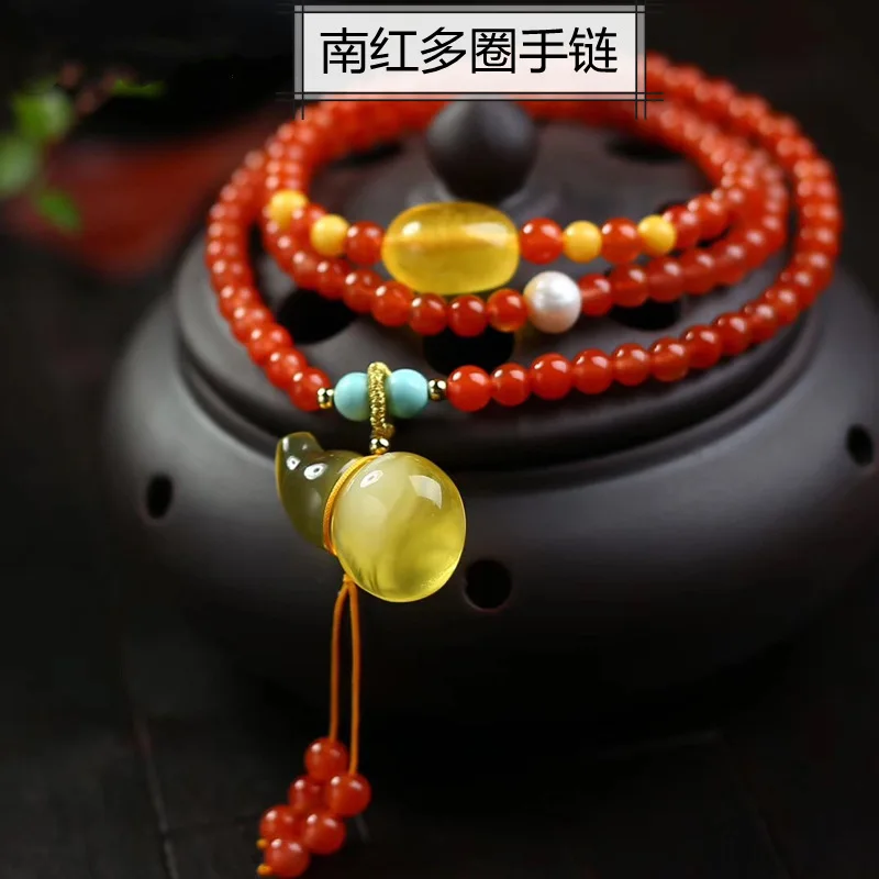 Natural South Red Agate Bracelet Women's Beeswax Gourd Multi-Circle Simple Atmospheric Ethnic Style Beaded Gifts for Girlfriend