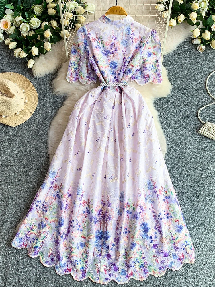 Summer Romantic Style Retro Embroidered Printed Stand Up Collar Dress for Women New Fashionable Long Dress S611
